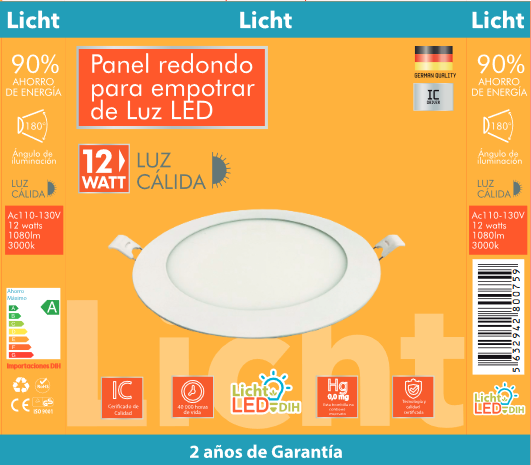 PANEL  LUZ CALIDA PARA EMPOTRAR 12W 3000K (LICHT LED) (C/20) PANEL REDONDA
