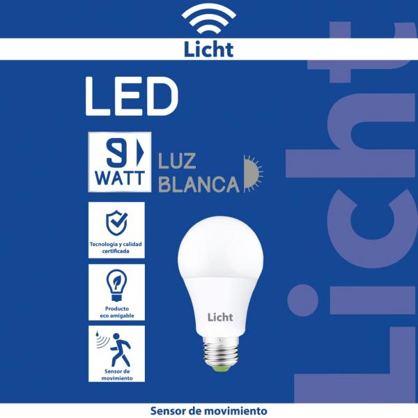 BOMBILLO DE SENSOR DE MOVIMIENTO 9W  6500K (LICHT LED) LUZ BLANCA (C/100)